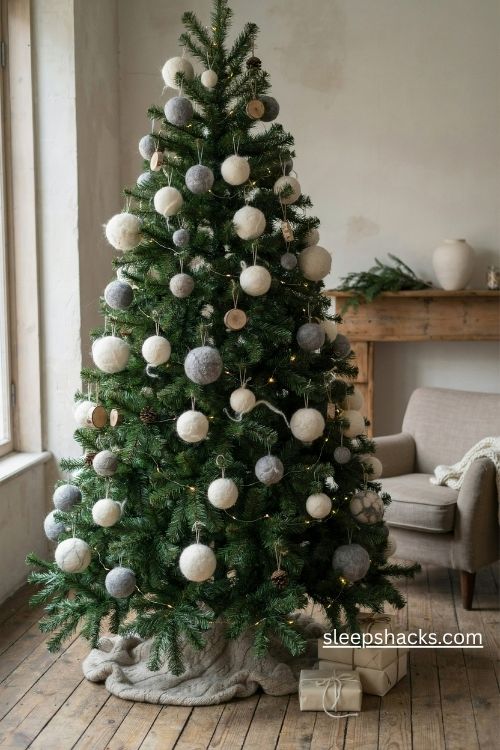 Wool snowball christmas ornaments in fluffy white and pale gray on a dark green evergreen tree