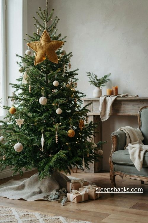Wool star christmas tree topper in warm golden felt with handmade stitching on a natural evergreen tree