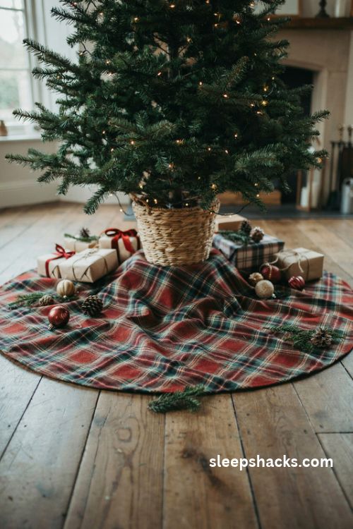 Wool tartan Christmas tree skirt with woven basket collar and cozy wrapped gifts