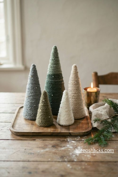 Wool yarn wrapped cone christmas trees in ombre green and sage with tiny pearl ornaments on a rustic tray