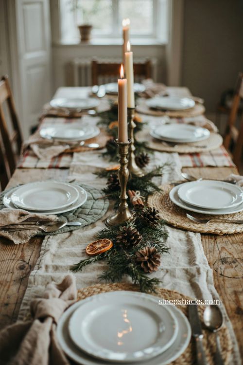 Woven and quilted placemats on a cozy French country Christmas table 