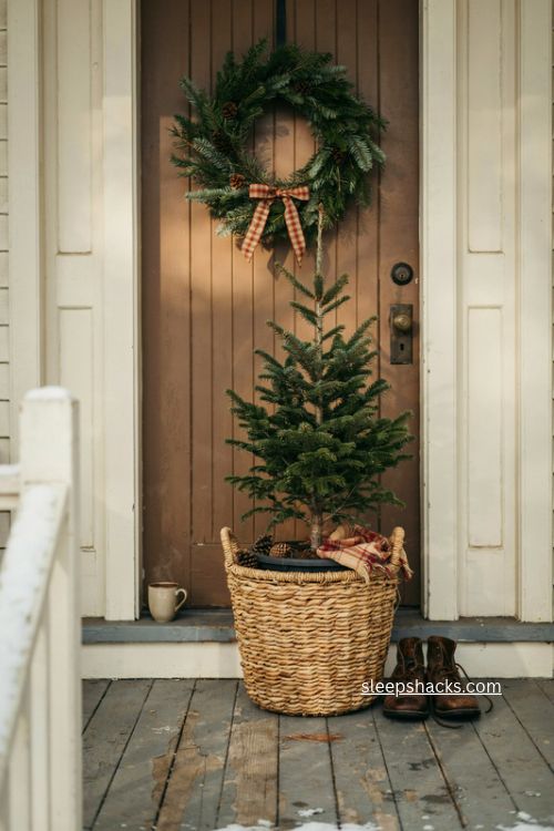 Woven basket christmas tree skirt for a rustic front porch