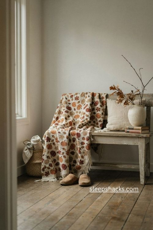 Woven pumpkin throw with fringe on farmhouse bench cozy fall decor