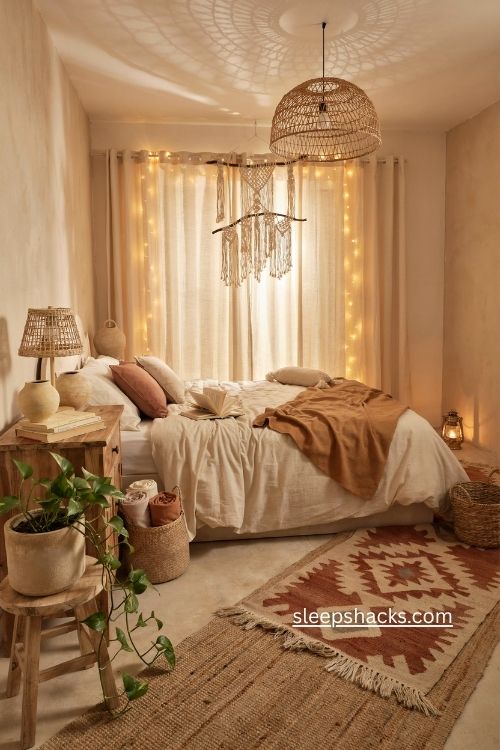 Woven rattan lights and string lights for a cozy boho bedroom