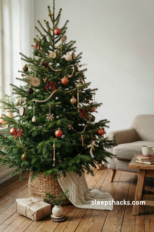 Woven seagrass basket Christmas tree collar with cozy cream knit blanket and earth tone decor