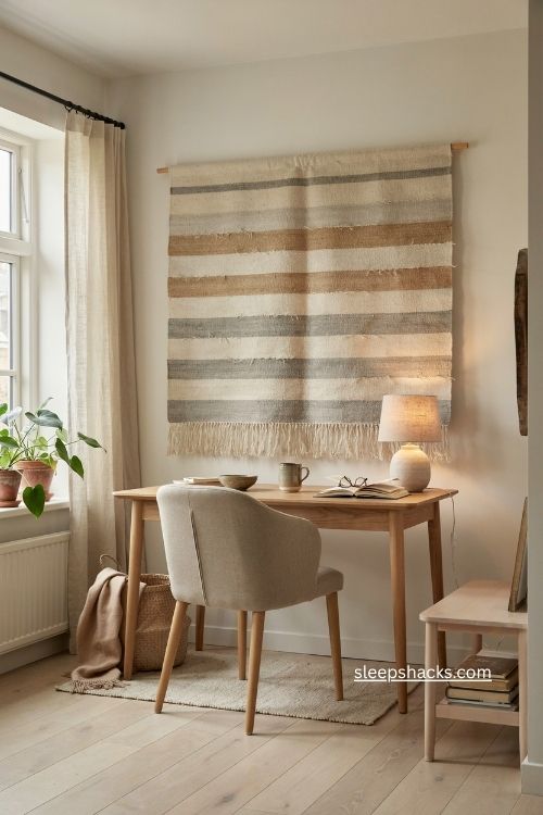 Woven wall hanging above a wooden desk in a cozy neutral home office