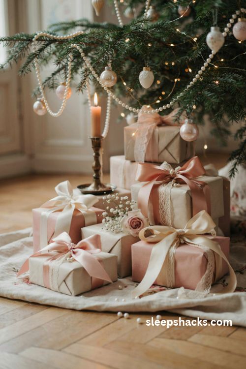Wrapped christmas gifts with satin ribbon bows lace trim and pearl accents beneath a blush pink coquette tree