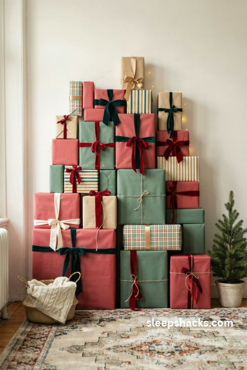 Wrapped gift box wall christmas photo backdrop with festive presents and oversized bows