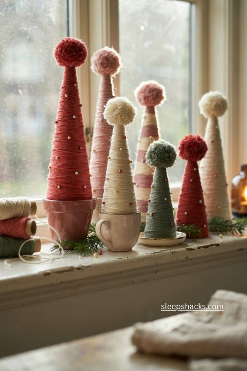 Yarn wrapped cone christmas trees with cozy handmade colors and playful windowsill decor 
