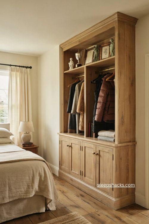 a built-in wall unit for collectibles and coats 