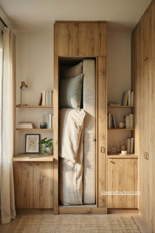 a wall bed with built-in storage 