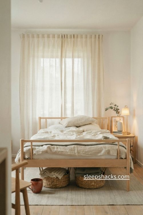 airy ikea bed frame with soft neutral linen for a small bedroom