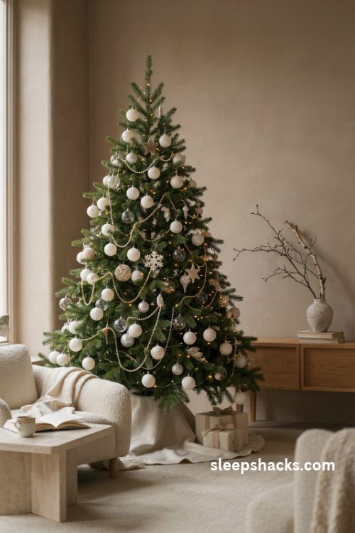 all white monochrome christmas tree with ivory ornaments and warm lights