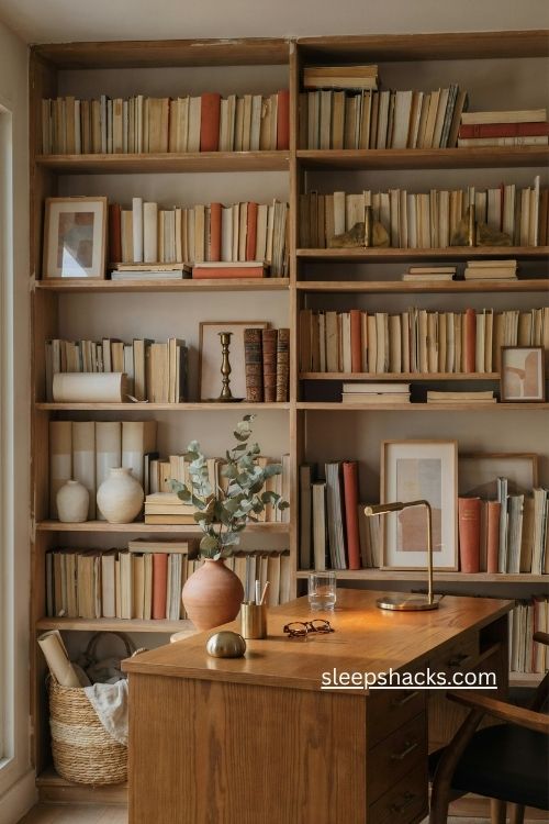 antique brass accents for warm office bookshelf decor