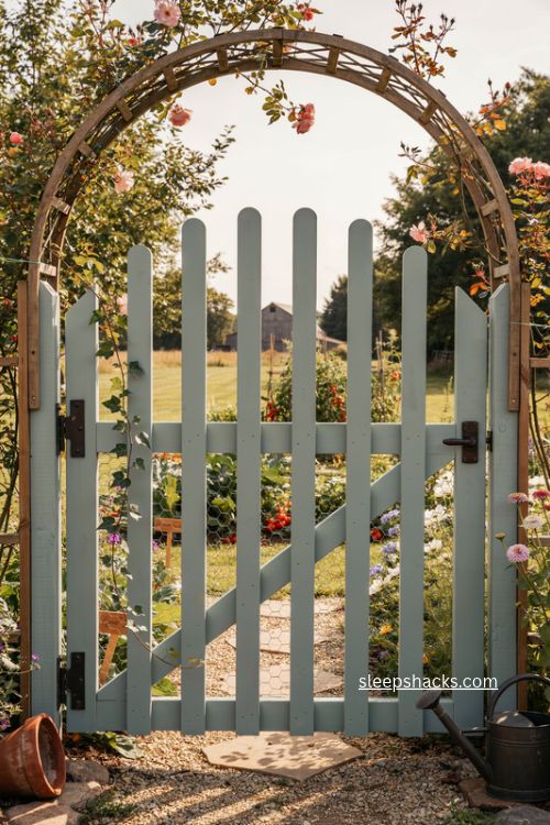 arched hog wire trellis gate with climbing roses and cottage garden
