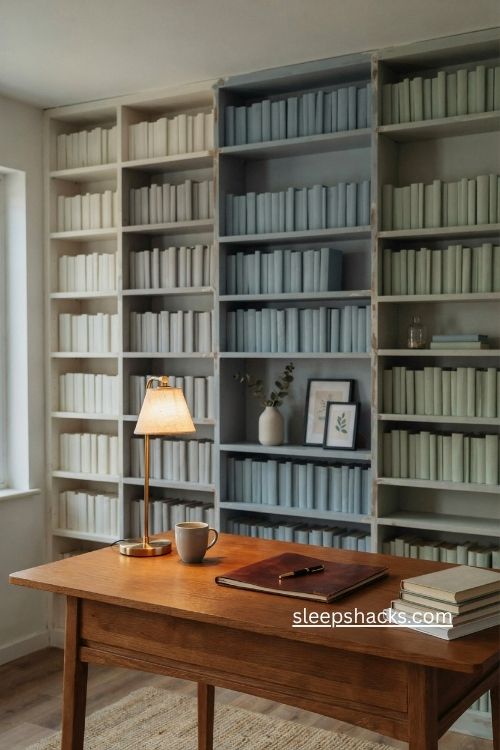 arrange books by color for a calm home office bookshelf