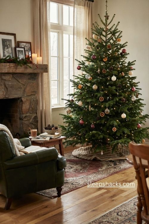 balsam fir Christmas tree with rich green needles and nostalgic farmhouse holiday decor 