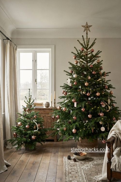 balsam fir christmas tree with rose gold ornaments and natural layered branches 