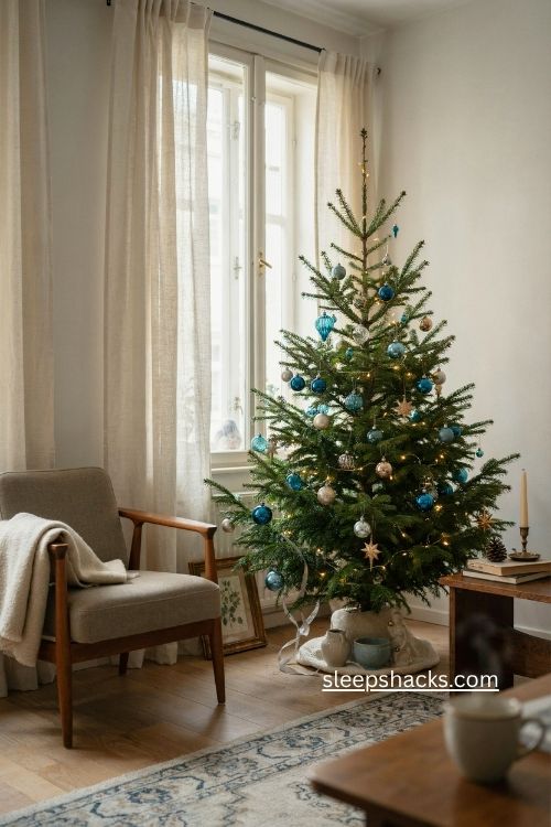 balsam hill stratford spruce narrow christmas tree with blue and silver ornaments 