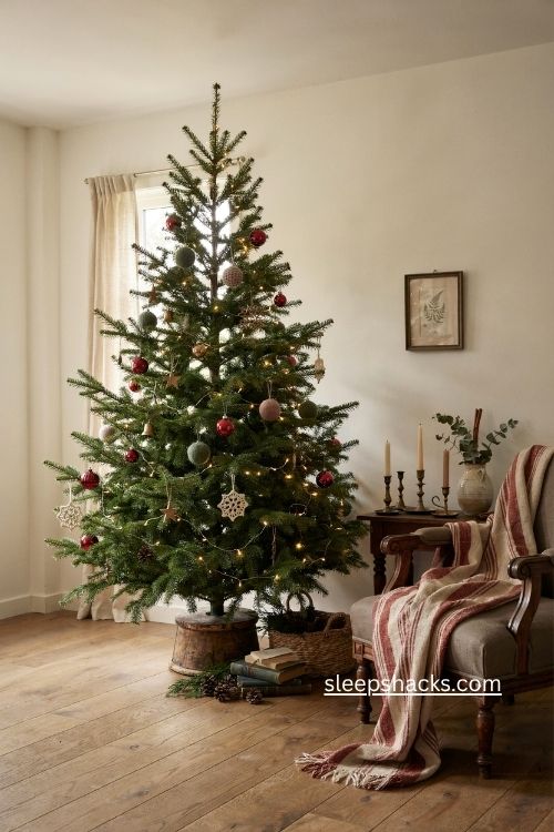 best realistic christmas tree with natural uneven branches in cozy living room 