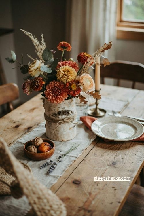 birch wrapped vase fall centerpiece with rust orange and golden flowers