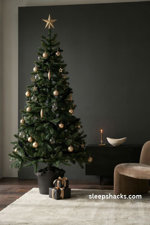 black and gold christmas tree with brushed brass ornaments and velvet ribbon