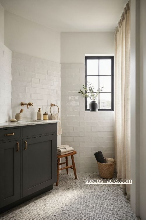 black and white bathroom with matte black vanity and warm wood accents
