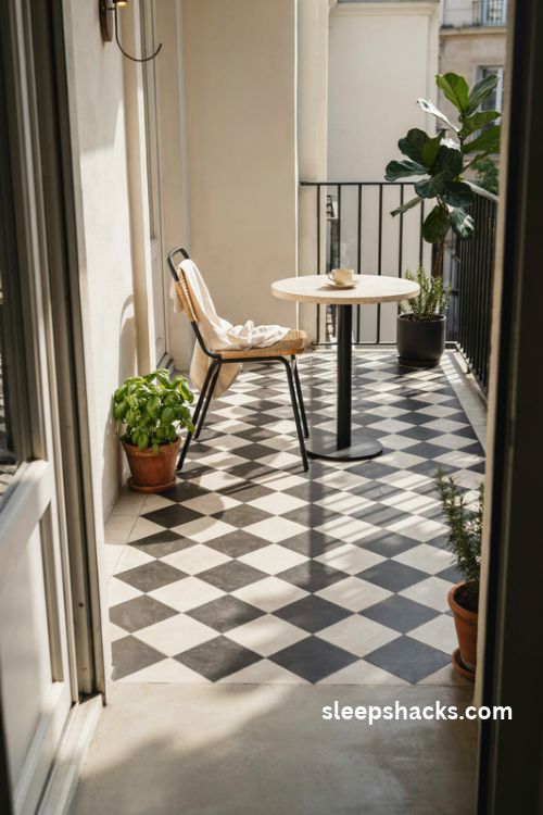 black and white checkerboard porcelain tiles for a vintage cafe style balcony