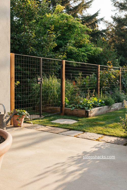 black hog wire fence with green foliage and modern garden style