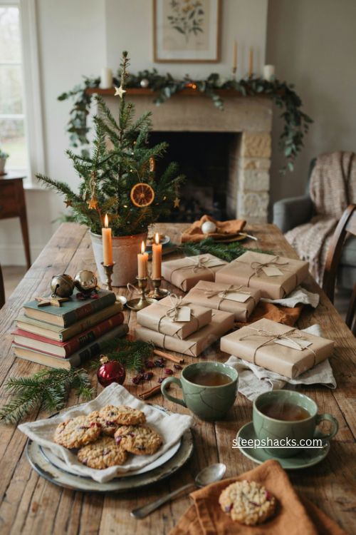 blind date with a book christmas book club party with mystery wrapped novels and cozy holiday decor 