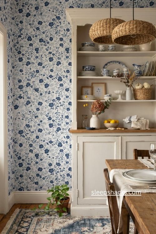 blue and white wallpaper behind a hutch 