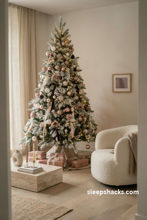 blush pink and champagne christmas tree with satin ribbon pearls and elegant modern decor