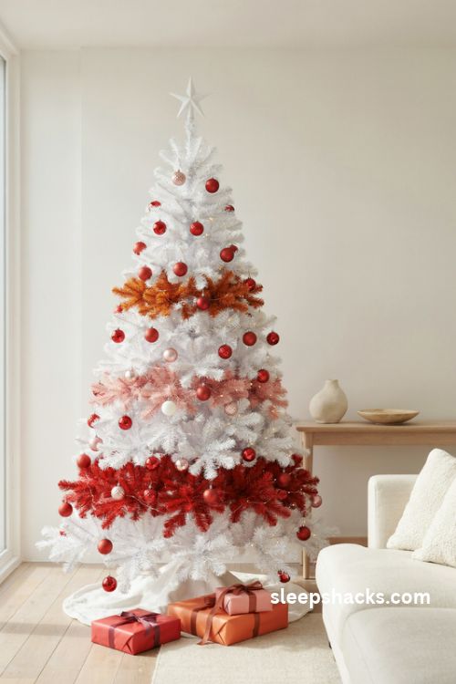 bold color block christmas tree with red pink and orange matte ornaments