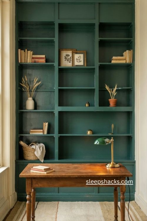 bold green painted shelves for cozy office bookshelf decor