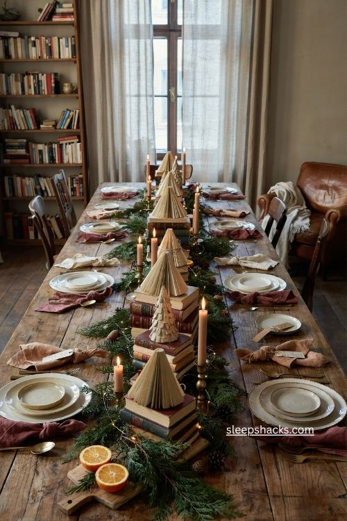 book page christmas tree and stacked vintage book centerpieces with greenery and warm lights 
