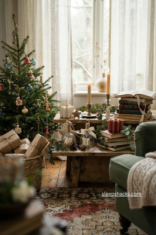 book themed ornament exchange christmas party with literary ornaments novels and cozy christmas tree 