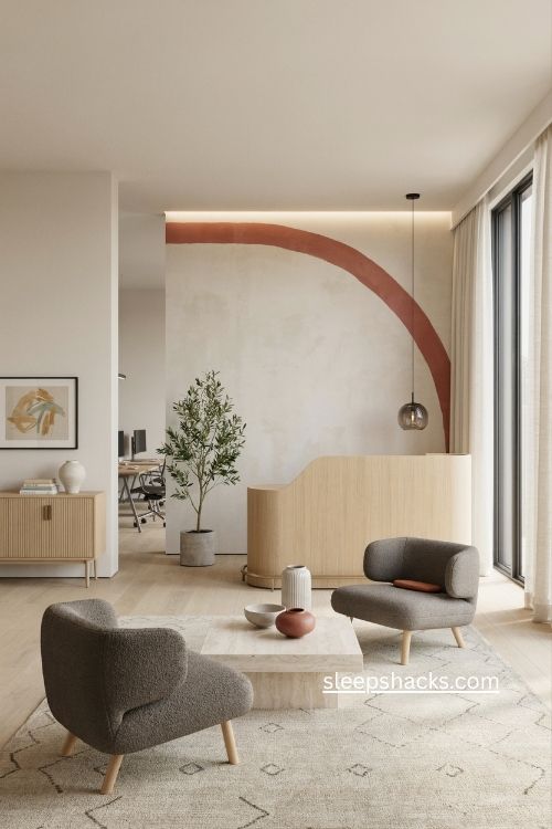 branded office interior with feature wall signature colors distinctive furniture and polished reception design 