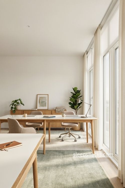 bright business office interior with natural daylight light colors and productive work spaces 