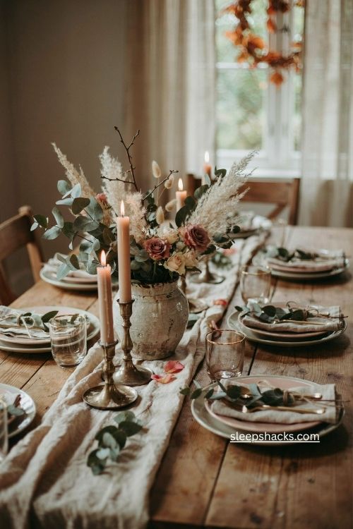 budget fall floral centerpiece with foraged branches eucalyptus grasses and roses 