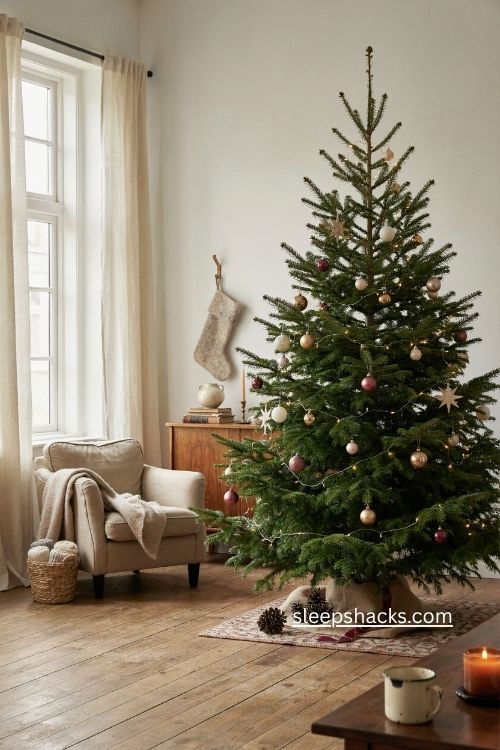 budget hinged spruce christmas tree with warm white lights and natural tree collar 