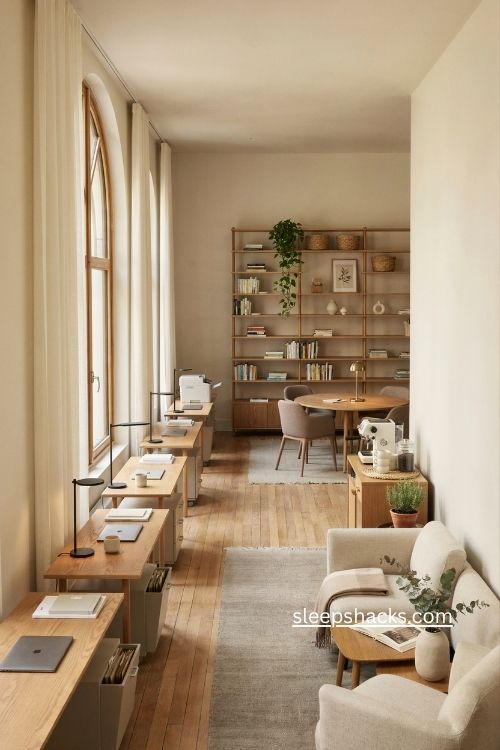 business office circulation layout with clear walkways organized work zones and efficient traffic flow 