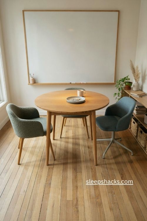 business office collaboration corner with round table comfortable chairs and wall mounted whiteboard 