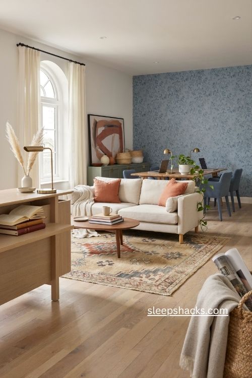business office interior with cheerful color accents neutral decor and patterned feature wall 