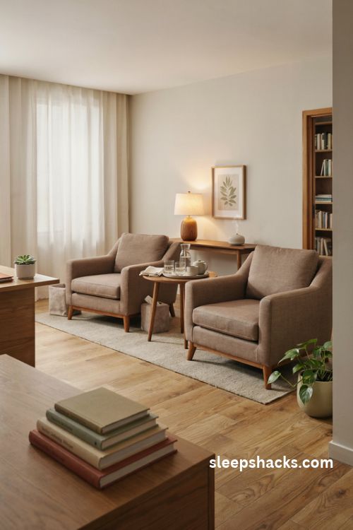 calming lawyer office waiting area with comfortable neutral chairs warm lighting and a welcoming refreshment tray