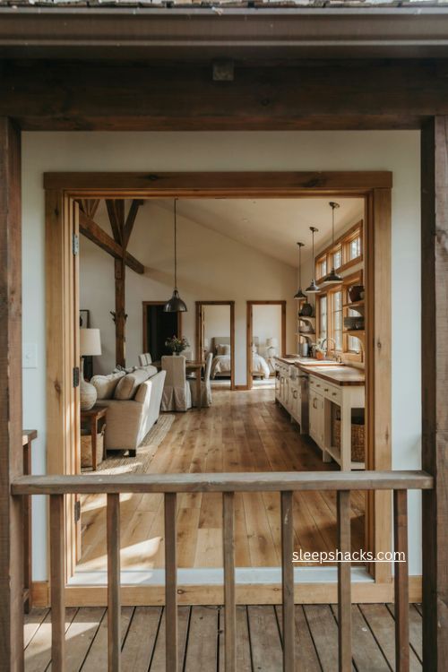 classic rectangle barndominium floor plan with three bedrooms and deep front porch 