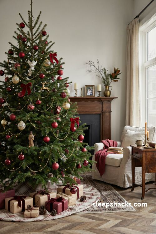 classic red and gold christmas tree with cranberry velvet bows and vintage glass ornaments