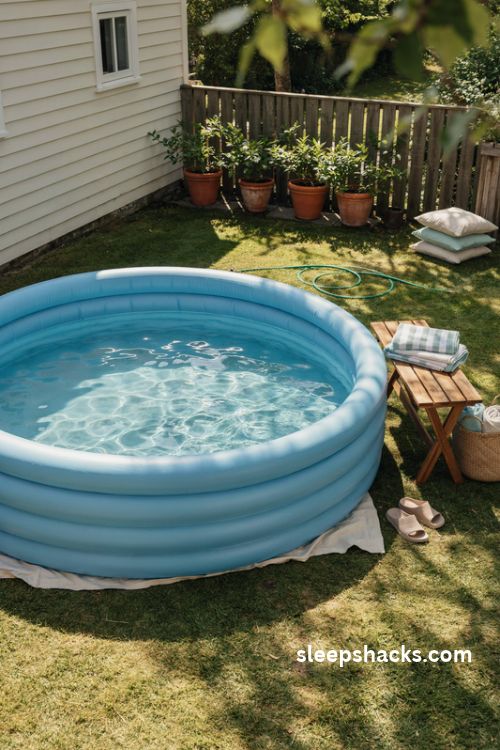 classic round inflatable family pool with sturdy blue walls in a sunny backyard