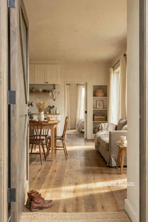 compact one bedroom barndominium floor plan with open kitchen and cozy living area 