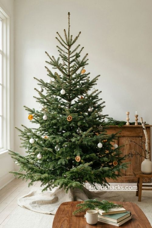 concolor fir Christmas tree with powder blue needles dried orange slices and silver decor