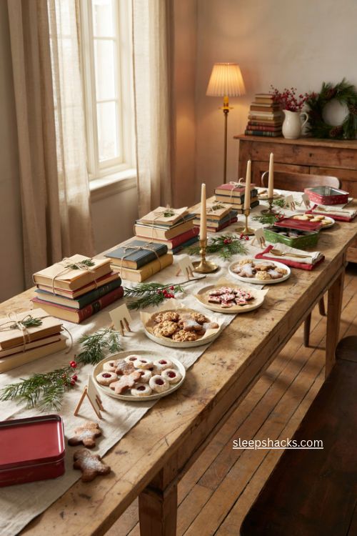 cookie exchange book swap christmas party with holiday cookies wrapped books and cozy decor 